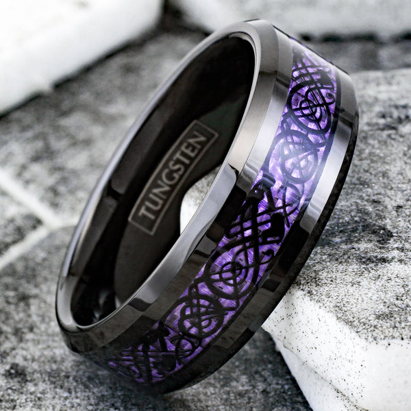 Stunning Black Tungsten Ring with Black Celtic Dragon on Violet Purple Faux Carbon Fiber Inlay.