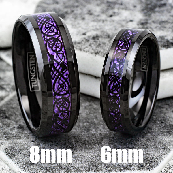 Stunning Black Tungsten Ring with Black Celtic Dragon on Violet Purple Faux Carbon Fiber Inlay.