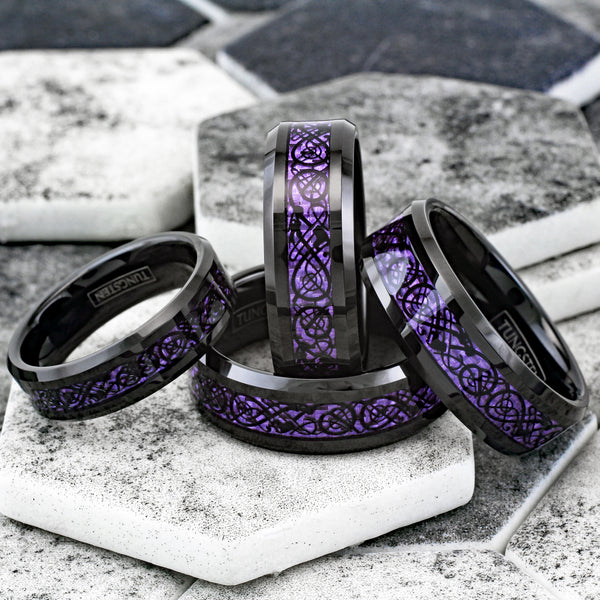 Stunning Black Tungsten Ring with Black Celtic Dragon on Violet Purple Faux Carbon Fiber Inlay.