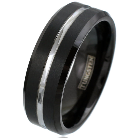 8mm Black brushed finish tungsten ring | Recessed silver stripe | Wholesale tungsten rings - Wedding bands | White photo