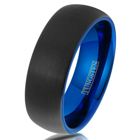Black tungsten carbide ring w/ brushed finish band & sapphire blue inner band | Wholesale tungsten rings - wedding bands | 8mm White Tilted photo