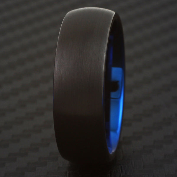 Black tungsten carbide ring w/ brushed finish band & sapphire blue inner band | Wholesale tungsten rings - wedding bands | 8mm Black Upright photo