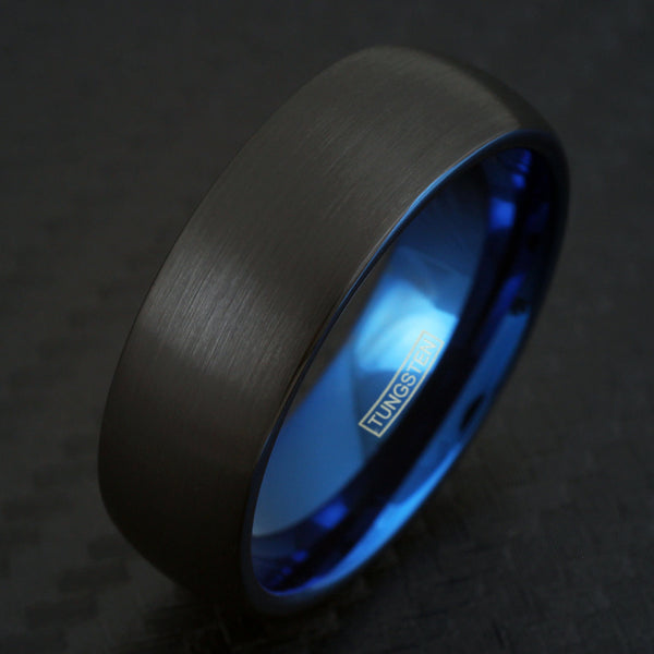 Black tungsten carbide ring w/ brushed finish band & sapphire blue inner band | Wholesale tungsten rings - wedding bands | 8mm Black tilted photo