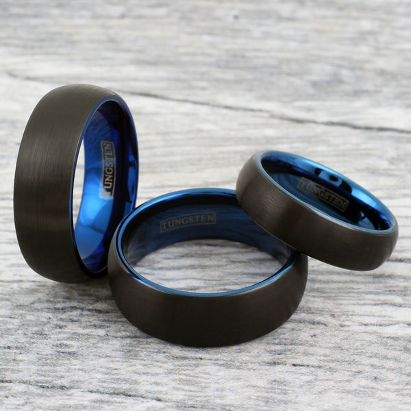 Black tungsten carbide ring w/ brushed finish band & sapphire blue inner band | Wholesale tungsten rings - wedding bands | Group photo