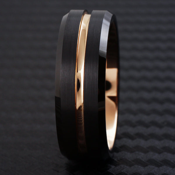black tungsten ring | rose gold stripe inner band | beveled edges | wholesale tungsten rings wedding bands - 8mm front photo