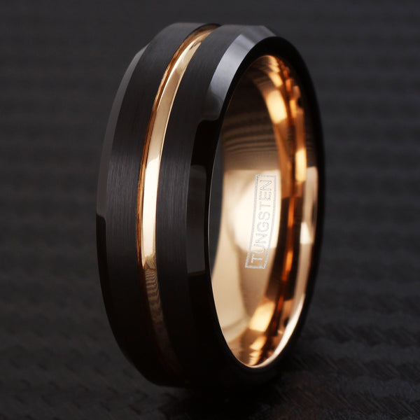 black tungsten ring | rose gold stripe inner band | beveled edges | wholesale tungsten rings wedding bands - 8mm side photo