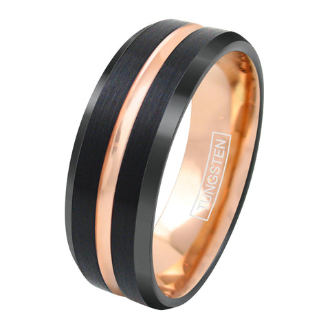 black tungsten ring | rose gold stripe inner band | beveled edges | wholesale tungsten rings wedding bands - 8mm white photo