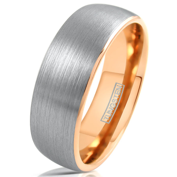 Silver brushed finish tungsten ring w/ rose gold inner band | Wholesale Tungsten Rings & Wedding Bands | 8mm White Photo