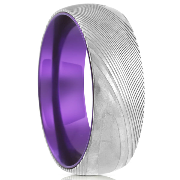 Damascus steel band ring w/ aubergine purple anodized aluminum inner band sleeve | Upright photo