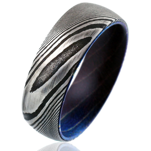 8mm Black Damascus steel ring - Box Elder Wood Inlay | wholesale Damascus Steel wedding bands & Rings | Tilt White photo