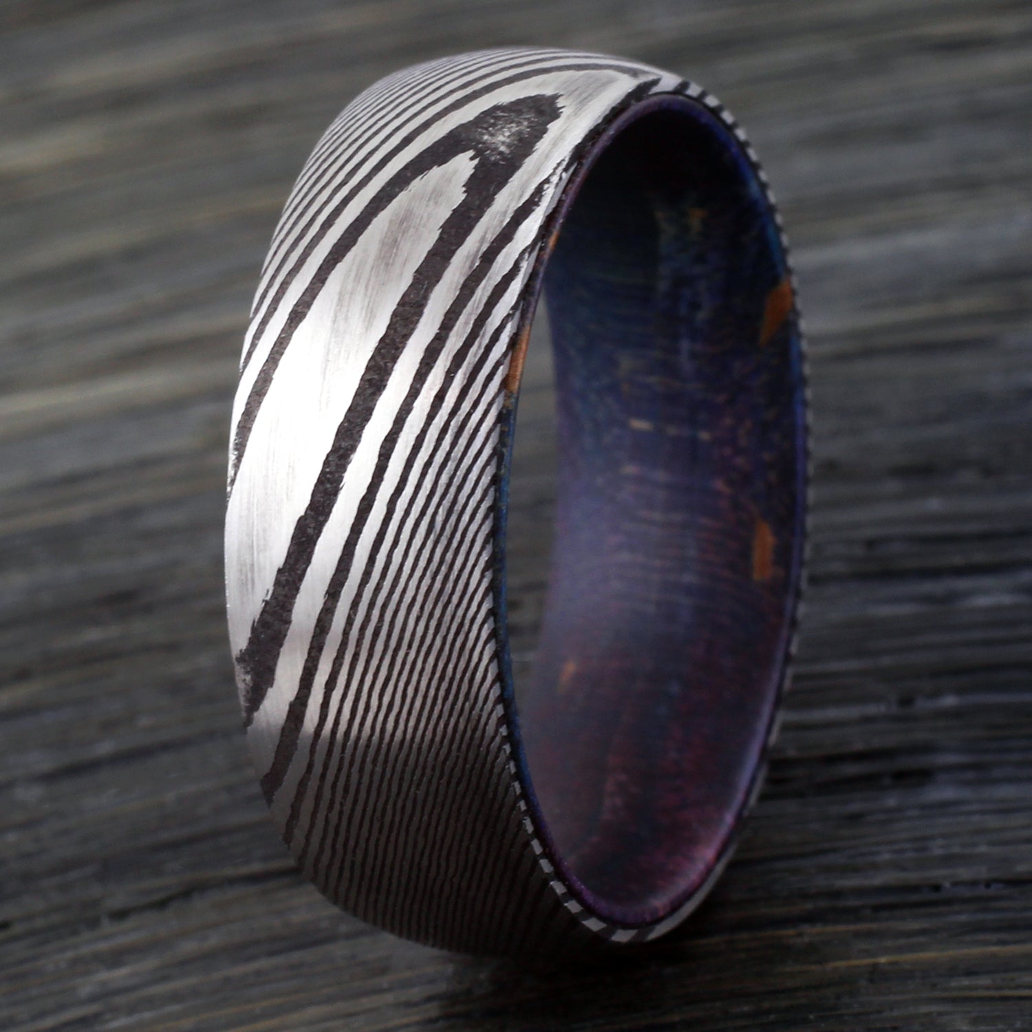 8mm Damascus Steel Band Ring Dyed Blue Box Elder Wood Inner