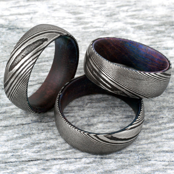8mm Black Damascus steel ring - Box Elder Wood Inlay | wholesale Damascus Steel wedding bands & Rings | Group photo