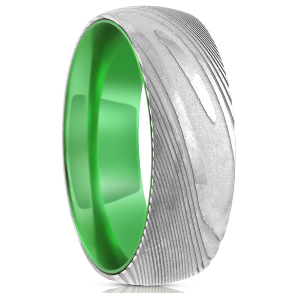 Damascus steel band ring w/ lime green anodized aluminum inner band sleeve | Upright  photo