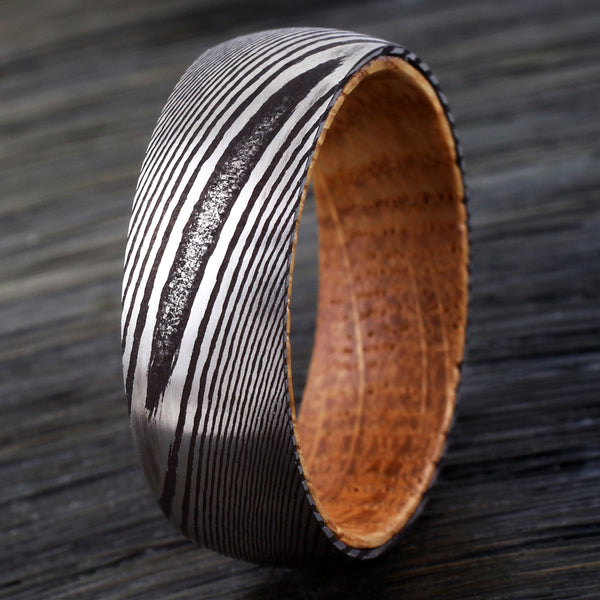 8mm Black Damascus steel ring - Whiskey Barrel Oak Wood | wholesale Damascus Steel wedding bands & Rings | Dark Wood photo
