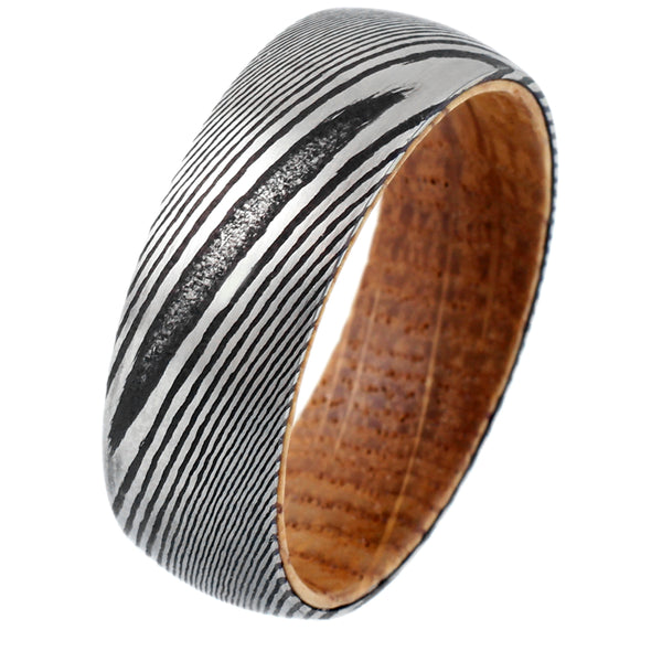 8mm Black Damascus steel ring - Whiskey Barrel Oak Wood | wholesale Damascus Steel wedding bands & Rings | Tilt White photo