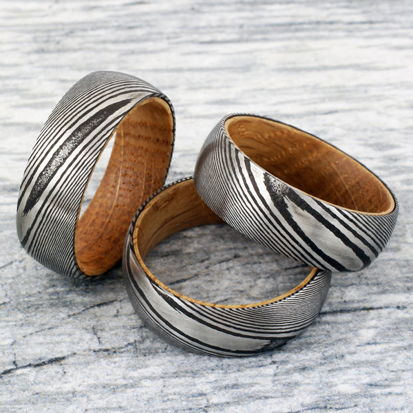 8mm Black Damascus steel ring - Whiskey Barrel Oak Wood | wholesale Damascus Steel wedding bands & Rings | 3 Ring photo