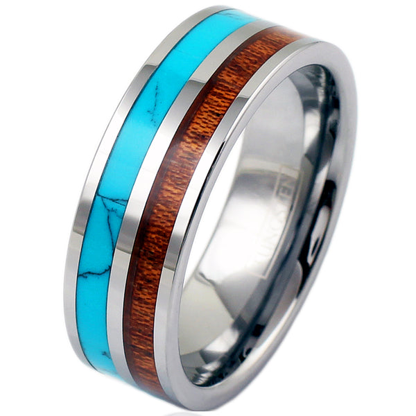 Flat silver tungsten band ring w/ turquoise and Koa wood inlays | Wholesale tungsten rings - wedding bands | 8mm upright photo