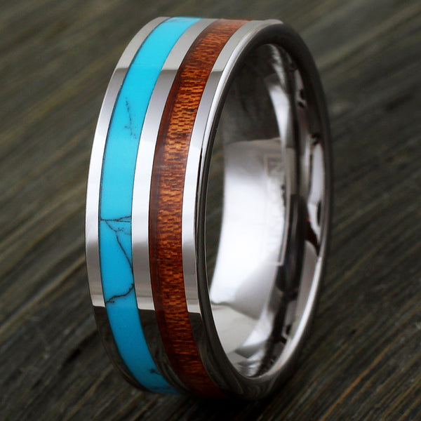Flat silver tungsten band ring w/ turquoise and Koa wood inlays | Wholesale tungsten rings - wedding bands | 8mm wood photo