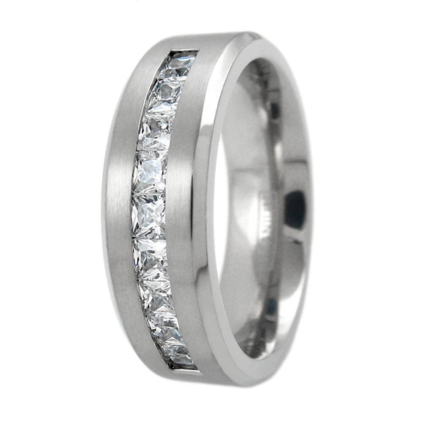 silver titanium wedding band with princess cut CZs - wholesale titanium rings - wedding bands - upright photo