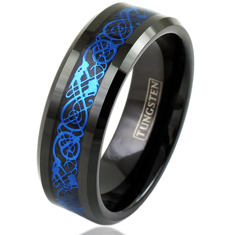 Black tungsten ring w/ Blue Celtic dragon on Black Faux Carbon Fiber | Wholesale Tungsten Rings - Wedding Bands | White Photo