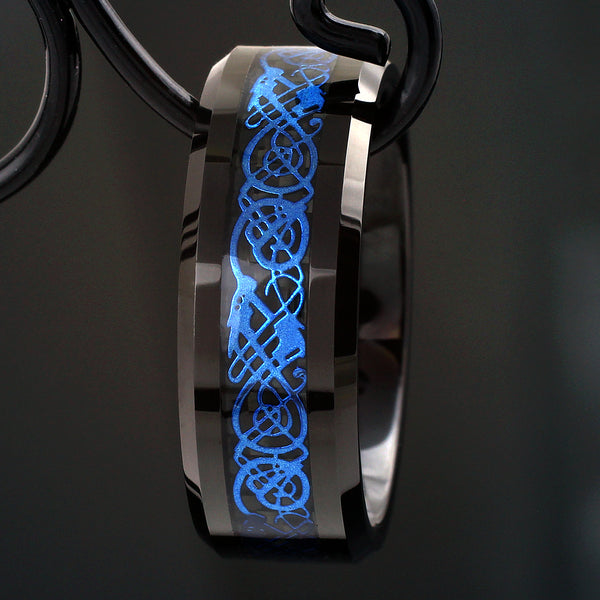 Black tungsten ring w/ Blue Celtic dragon on Black Faux Carbon Fiber | Wholesale Tungsten Rings - Wedding Bands | Black Front Photo