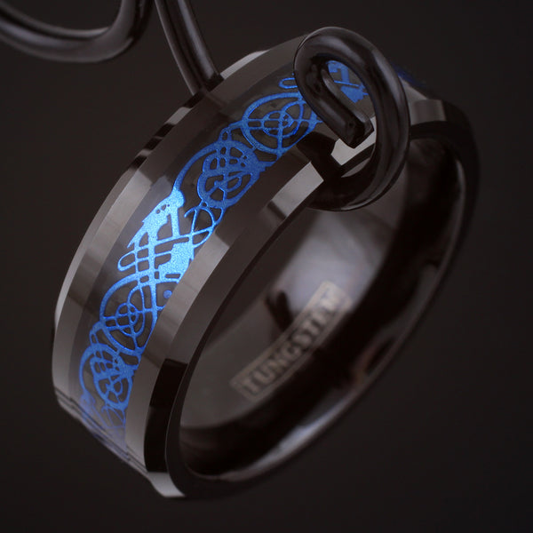 Black tungsten ring w/ Blue Celtic dragon on Black Faux Carbon Fiber | Wholesale Tungsten Rings - Wedding Bands | Black Tilt Photo