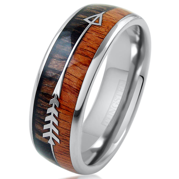 Polished silver tungsten carbide band ring w/ two tone wood & feathered arrow inlays | 8mm white photo
