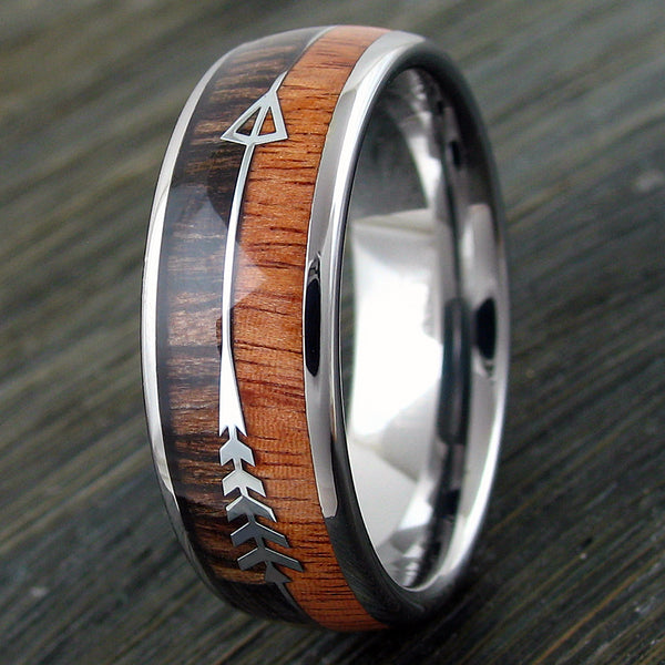 Polished silver tungsten carbide band ring w/ two tone wood & feathered arrow inlays | 8mm wood photo