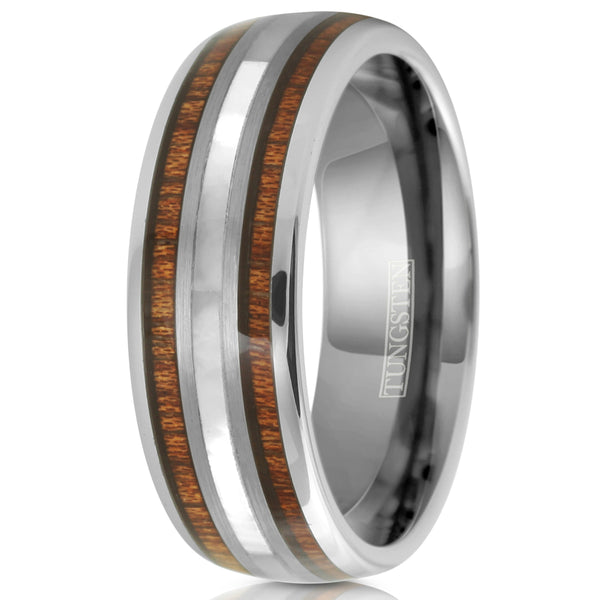 Polished silver tungsten carbide low dome ring w/ mother-of-pearl & Koa wood inlays | White upright photo