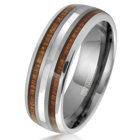 Polished silver tungsten carbide low dome ring w/ mother-of-pearl & Koa wood inlays | White tilted photo