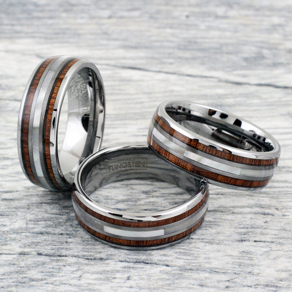 Polished silver tungsten carbide low dome ring w/ mother-of-pearl & Koa wood inlays | Group photo
