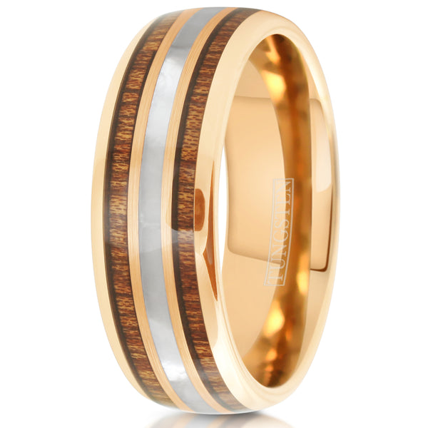 Rose gold tungsten carbide low dome ring w/ mother-of-pearl & Koa wood inlays | White upright photo
