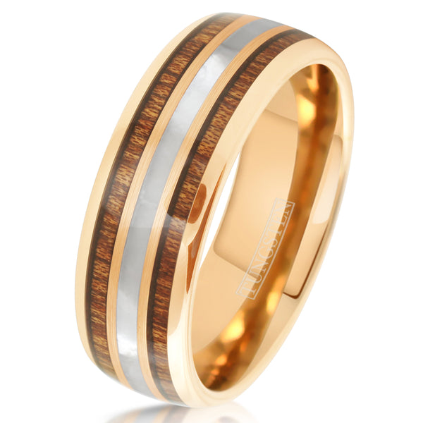 Rose gold tungsten carbide low dome ring w/ mother-of-pearl & Koa wood inlays | White tilted photo