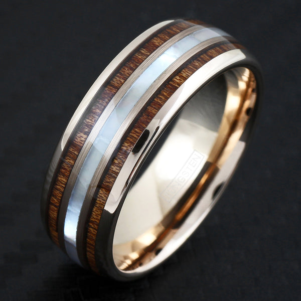 Rose gold tungsten carbide low dome ring w/ mother-of-pearl & Koa wood inlays | Black tilted photo
