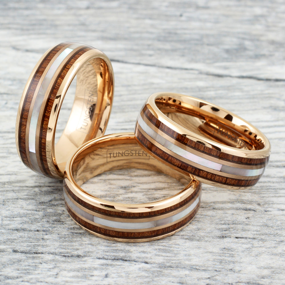 Rose Gold Tungsten Low Dome Ring w/ Mother-of-Pearl Koa Wood