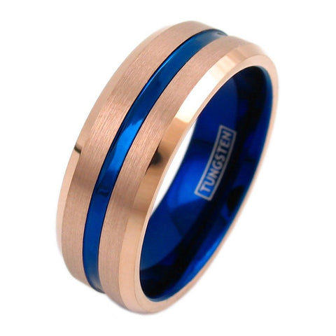 8mm rose gold tungsten ring w/ blue stripe & blue inner band | Wholesale tungsten rings - wedding bands | Diagonal photo
