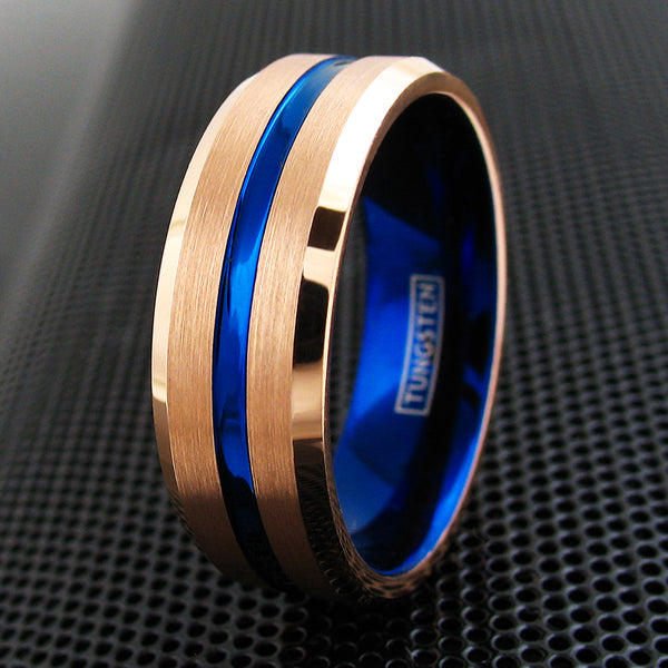 Elegant Two-Tone Rose Gold Tungsten Ring w/ Recessed Thin Blue Line Stripe, Polished Beveled Edges, and Blue Inner Band. Couple Ring.