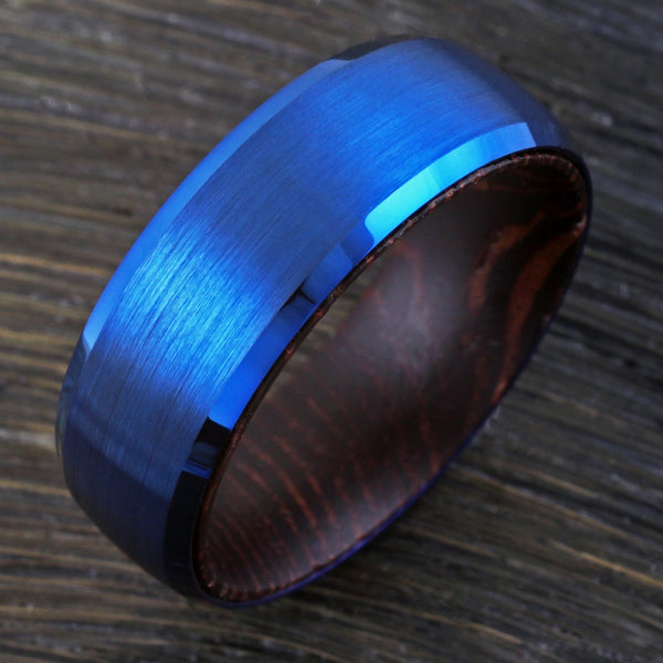 royal blue tungsten ring w/ wenge wood inner band | wholesale tungsten rings - wedding bands | dark wood photo