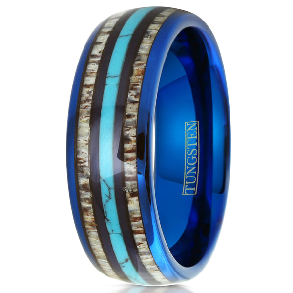 Royal blue tungsten carbide low dome ring w/ blue turquoise & deer antler inlays | White Upright photo
