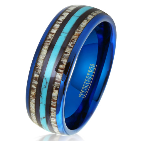 Royal blue tungsten carbide low dome ring w/ blue turquoise & deer antler inlays | White photo