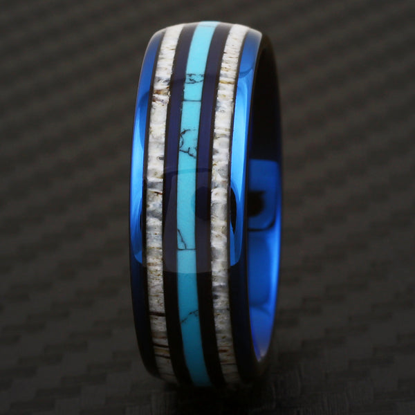 Royal blue tungsten carbide low dome ring w/ blue turquoise & deer antler inlays | Black photo