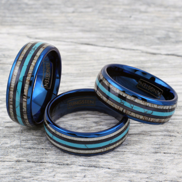 Royal blue tungsten carbide low dome ring w/ blue turquoise & deer antler inlays | Group photo