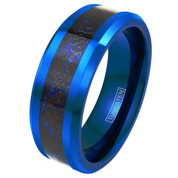Blue tungsten ring with black Celtic dragon on blue faux carbon fiber inlay | Wholesale Tungsten Rings - wedding bands | Tilted photo