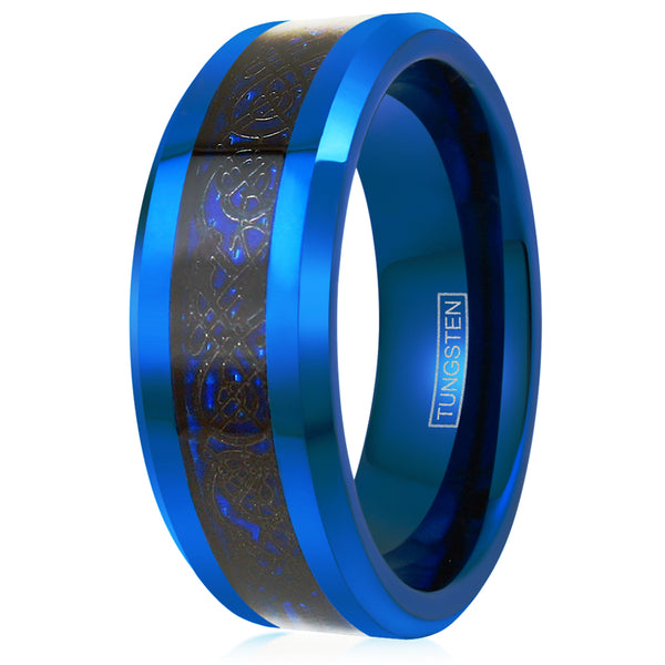 Blue tungsten ring with black Celtic dragon on blue faux carbon fiber inlay | Wholesale Tungsten Rings - wedding bands | Upright photo