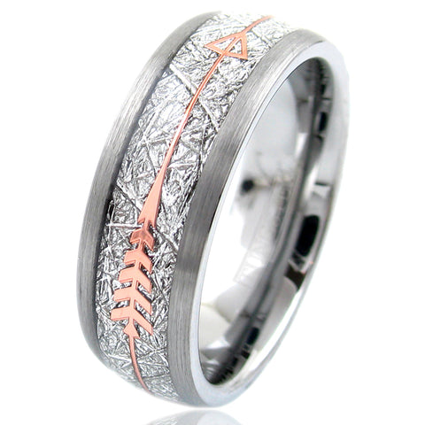 silver tungsten carbide band ring w/ faux meteorite & rose gold feathered arrow inlays w/ brushed finished edges | 8mm tilted photo