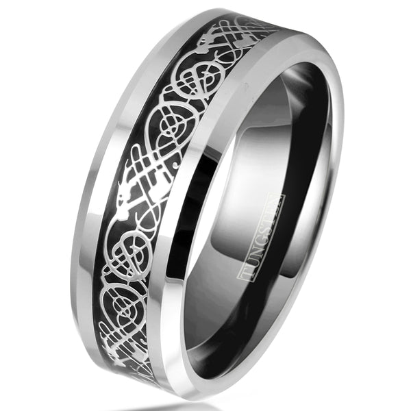 Silver tungsten ring w/ silver Celtic dragon | Black faux carbon fiber inlay. Wholesale Tungsten Rings - Wedding Bands | 8mm white tilted Photo