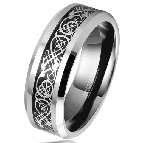 Silver tungsten ring w/ silver Celtic dragon | Black faux carbon fiber inlay. Wholesale Tungsten Rings - Wedding Bands | 8mm white tilted Photo