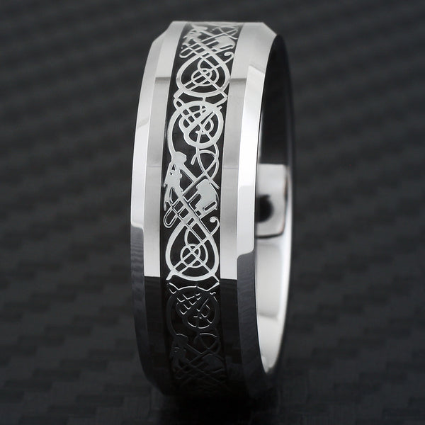 Silver tungsten ring w/ silver Celtic dragon | Black faux carbon fiber inlay. Wholesale Tungsten Rings - Wedding Bands | 8mm black front photo