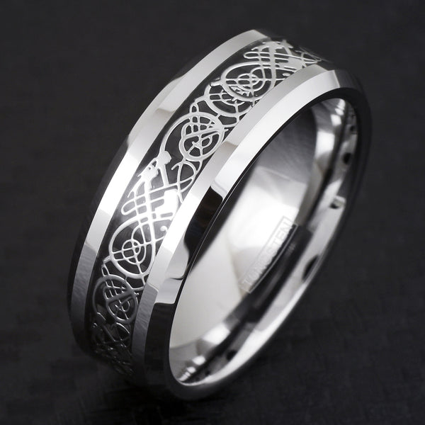 Silver tungsten ring w/ silver Celtic dragon | Black faux carbon fiber inlay. Wholesale Tungsten Rings - Wedding Bands | 8mm black tilted photo