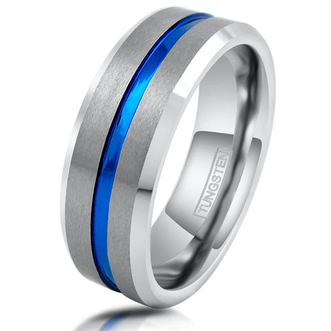 Silver tungsten ring w/ brushed finish & recessed blue stripe | Wholesale tungsten rings - wedding bands | Diagonal Photo